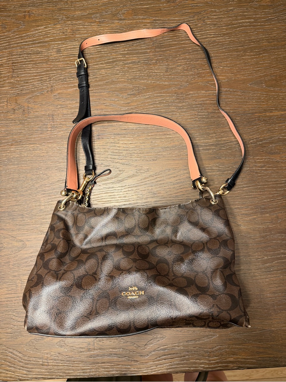 Coach Brown Signature Canvas Shoulder Bag with Pink Accents
